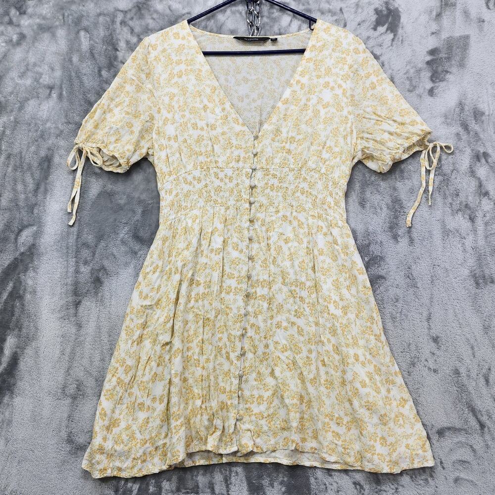 Glassons Dress Womens 14 Yellow Floral Tie Puff Sleeve Button‎ Front Mini Boho